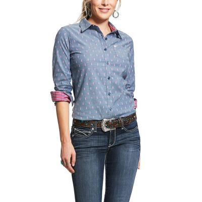 Ariat Western: Wrinkle Resist Kirby Stretch Camisa Mujer - Azules (XYFON6890)